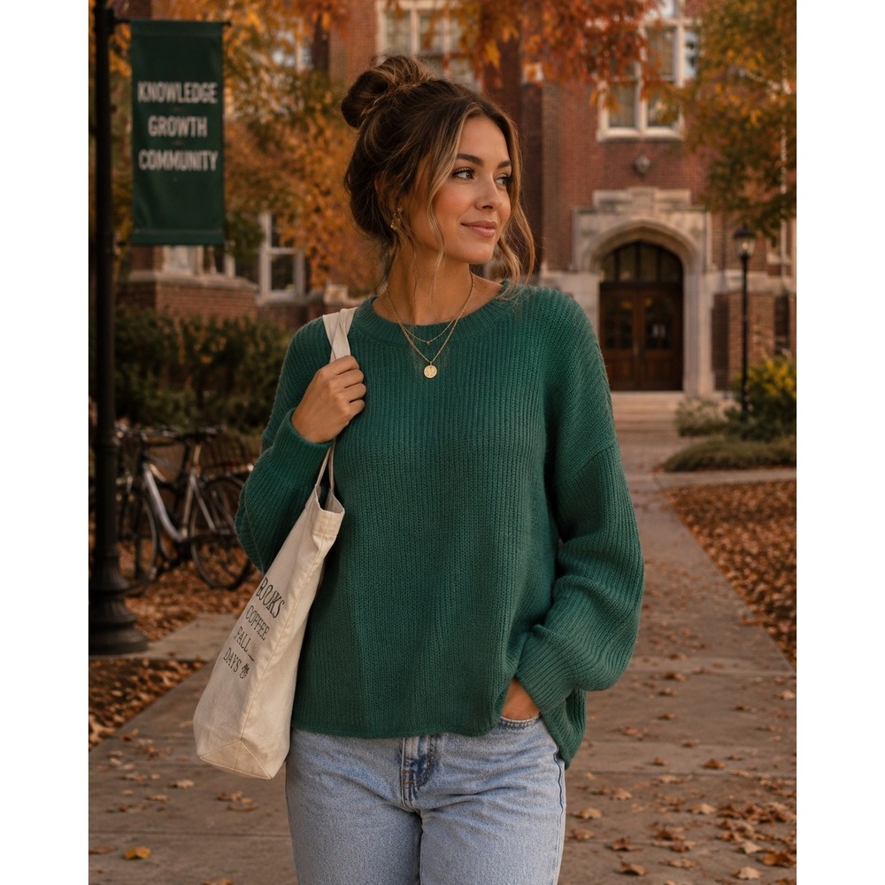 SO Womens Shaker Knit Crew Neck Pullover Sweater Forest Green‎ Size Small NEW